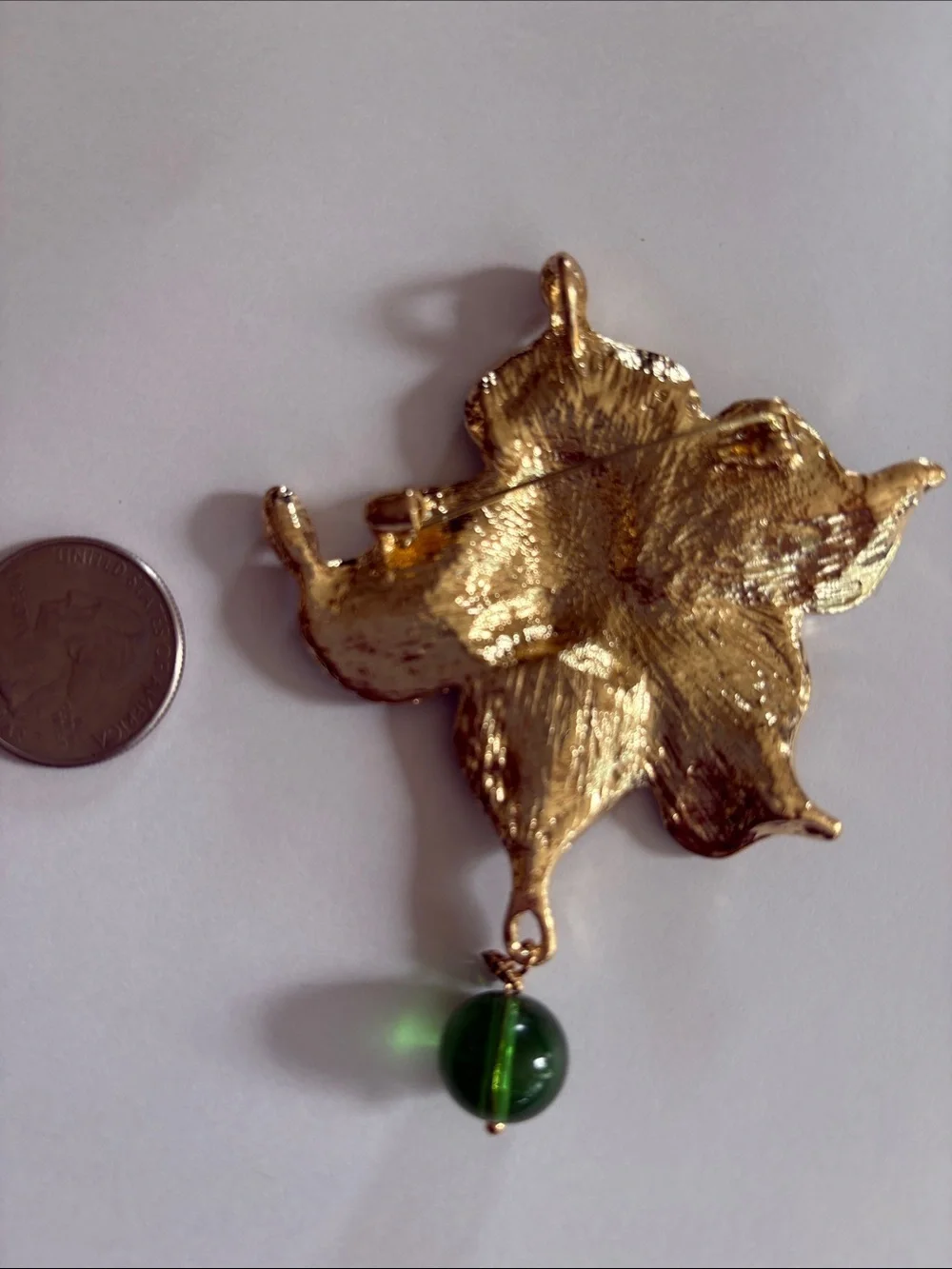 Gold and Emerald Green Leaf Pendant Brooch with Crystal Accents
